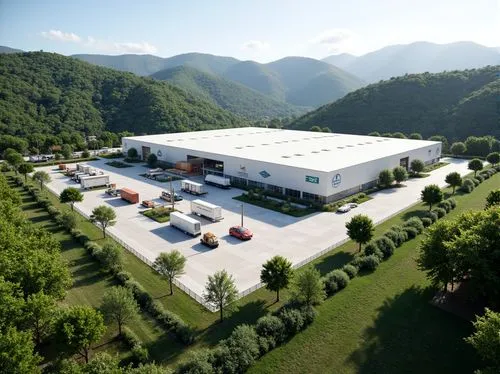 Rolling hills, lush greenery, serene natural surroundings, modern distribution center, sleek metal buildings, large loading docks, shipping containers, vibrant colorful logos, efficient logistics syst