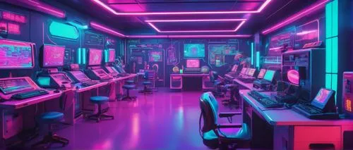 computer room,cyberpunk,arcade,game room,80s,cyber,cyberspace,ufo interior,aesthetic,the server room,neon,arcade games,neon ghosts,computer game,neon coffee,80's design,arcade game,computer,sci fi surgery room,neon arrows,Conceptual Art,Sci-Fi,Sci-Fi 28