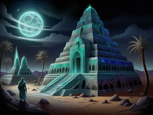 an intricate view of a building with multiple levels, with palm trees,egyptian temple,wadjet,ennead,ancient egypt,ancient city,pyramids,kemet,step pyramid,ziggurat,tempel,powerslave,scythopolis,ziggur