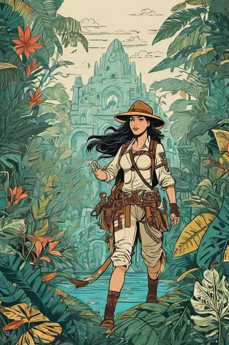 adventurer,explorer,wander,wanderer,the wanderer,hiker,mulan,traveler,jungle,moana,polynesian,digital illustration,background ivy,polynesia,vietnam,mowgli,bali,game illustration,rosa ' amber cover,indiana jones,Illustration,Vector,Vector 21