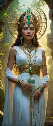 Ancient alien queen, ornate headdress, golden circlet, emerald eyes, pale blue skin, intricate necklaces, gemstone earrings, silver armbands, flowing white robes, delicate fingers, holding a crystal o