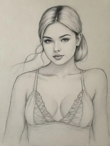 pencil sketch of young women with top,a black and white drawing of a young woman wearing a ,silverpoint,pencil drawing,drawing mannequin,girl drawing,underdrawing,pencil drawings,Illustration,Black an