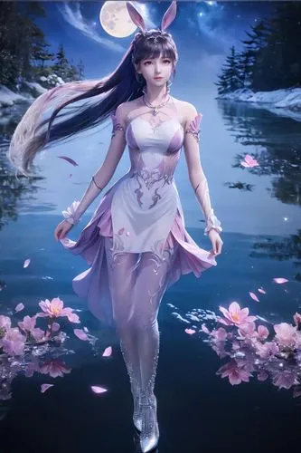 穿着银色的水晶高跟鞋,a very cute anime girl walking on the water,diaochan,zhui,qixi,kuanyin,jianyin,yuexiu