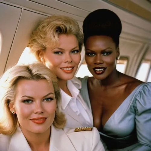 The first three passenger  seats of a Boeing 707 with iconic pop stars Kim Wilde on the left, Agneta Fältskog from ABBA, in the middle, and Grace Jones on the right, all women are gorgeous, smiling an