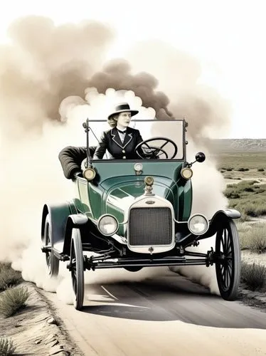 Pen drawing: Mrs. Clara Jane Ford is at the center of the action. She is driving a Ford (Model T) through a Texan landscape, its dark green paint reflecting the bright sunlight. The intricate details 