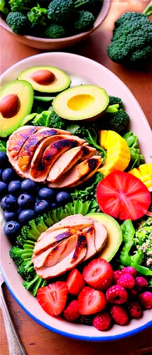 Fresh fruits, vegetables, whole grains, lean proteins, colorful salad, mixed berries, sliced avocado, quinoa bowl, grilled chicken breast, steaming broccoli, rustic wooden table, natural light, 3/4 co