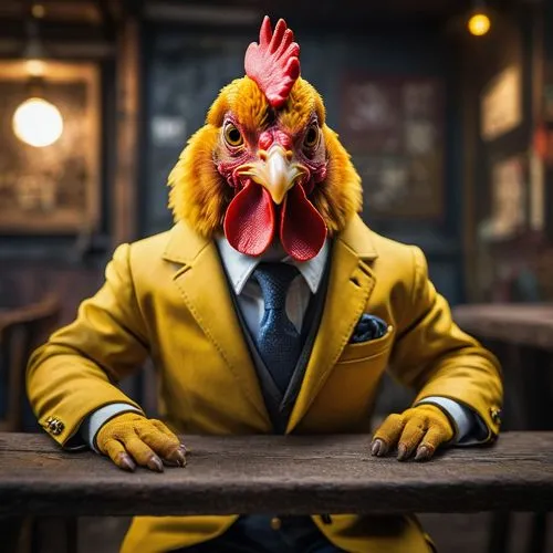 Create an image of an anthropomorphic expressionistic chicken, seated in a vintage urban setting, dressed in a stylish yellow jacket and printed pants, exuding a cool, relaxed vibe. The chicken should