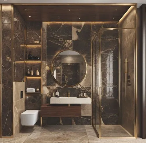 The wall should have the emperador brown tile with strong dark and golden textures. ,luxury bathroom,bath room,luxe,hammam,luxury home interior,luxury hotel,gold wall,barrooms,modern minimalist bathro