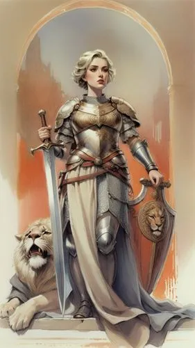 greek woman, short hair, big lips, big eyes, thick silk fabric, woman in armor, viking, long dress, sword, shield, lion,paper based drawing 29, greek warrior woman standing next to a lion holding a sw