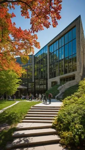 Cornell University College of Architecture, Art, and Planning building, modern architectural style, glass façade, steel beams, concrete walls, green roof, intricate details, ivy-covered stone walls, G