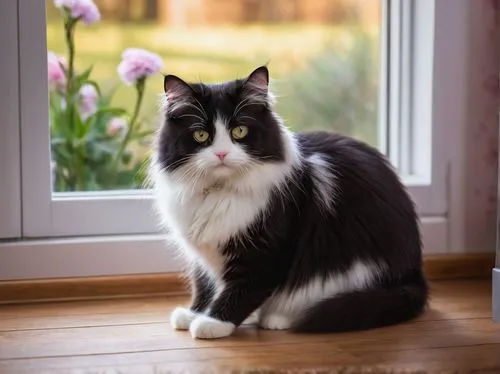 Tuxedo cat, Ragamuffin breed, large size, fluffy fur, white paws, cute face, whiskers, pink nose, sparkling eyes, sitting, windowsill, morning sunlight, soft lighting, warm atmosphere, cozy room, wood