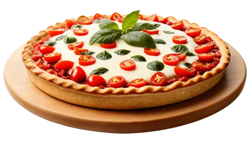 Circular pie, golden crust, juicy filling, cherry tomatoes, melted mozzarella cheese, fresh basil leaves, wooden cutting board, morning light, soft focus, shallow depth of field, warm color tone, appe