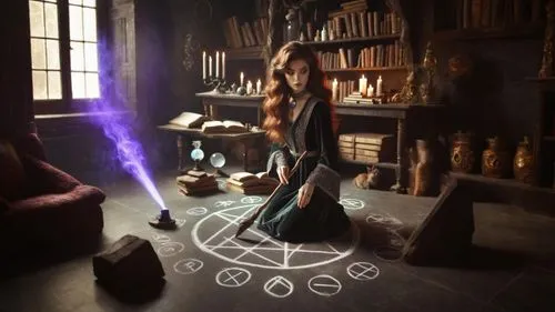 a woman sitting on top of a floor in front of a white marker,magick,witches pentagram,wiccan,spellcasting,divination,spellcaster