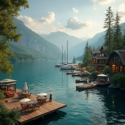 Lakefront locations, serene atmosphere, luxurious villas, wooden docks, sailboats, yachts, seaplanes, calm turquoise water, surrounding lush green forests, majestic mountains, cloudy sky, warm sunligh