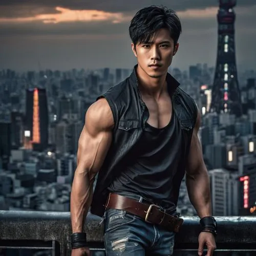 Muscular man, Araki, solo, (25yo), short black hair, sharp eyes, strong jawline, rugged skin, sleeveless shirt, ripped jeans, leather belt, combat boots, confident posture, standing, city street, Toky