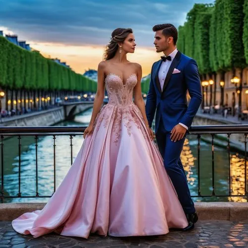 eveningwear,evening dress,bridal gown,quinceanera,ballgowns,beautiful couple,Photography,General,Realistic