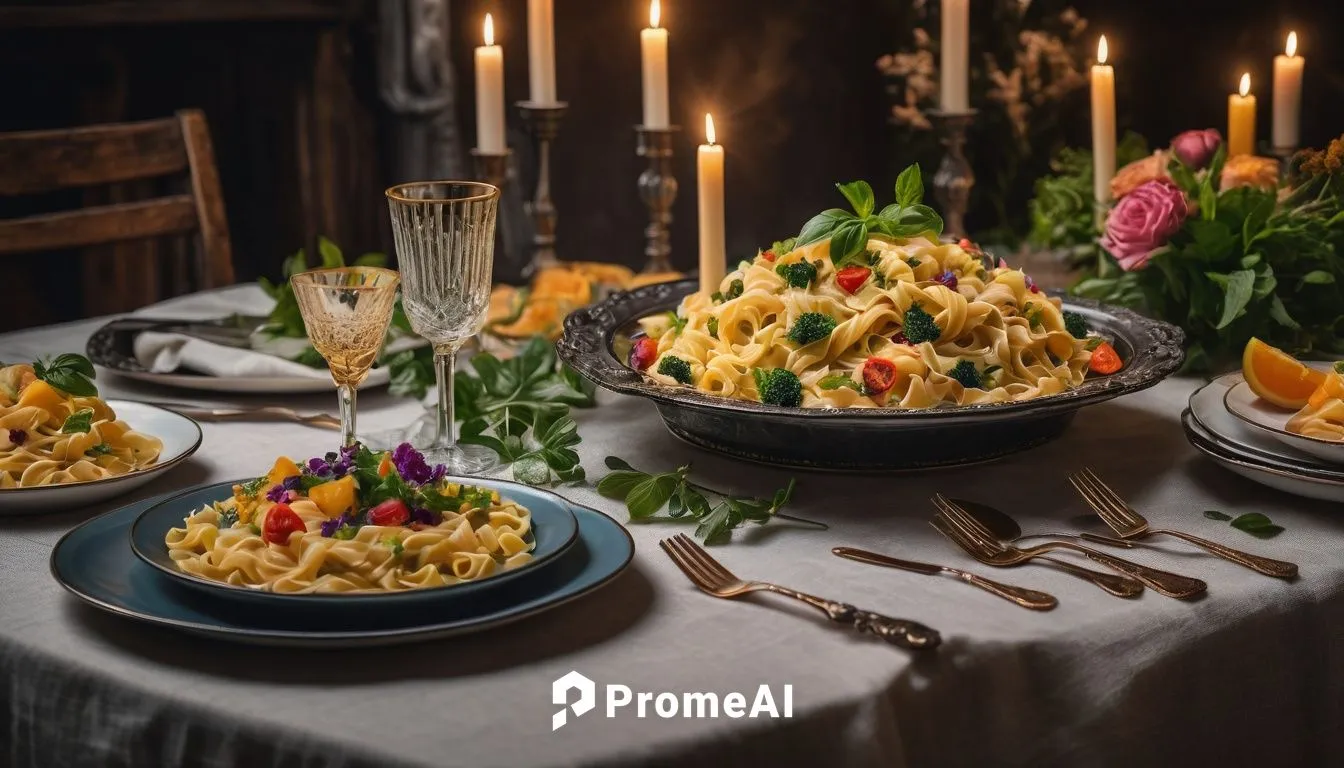 A table covered with a linen tablecloth, on which are candles and colorful flowers, plates and cutlery, and a serving bowl with creamed pasta, a plate with a dreamy salad on it, a tray with all types 