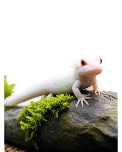 Axolotl, aquatic animal, Mexican salamander, solo, albino, leucistic, brown eyes, feathery gills, smooth skin, webbed feet, sitting on rock, water plants around, bright green plants, transparent water