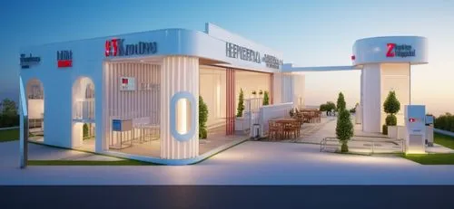 Make this a comercial stand at a private hospitals event. Realistic materials e photografy lights. Keep the geometry and colors,this is a retail store with a lawn and two trees next to it,mipim,proper