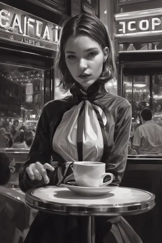 woman at cafe,parisian coffee,woman drinking coffee,paris cafe,cigarette girl,women at cafe,waitress,espresso,street cafe,the coffee shop,coffee tea illustration,coffee shop,vintage girl,retro diner,girl with cereal bowl,retro woman,film noir,caffè americano,coffee background,vintage woman,Conceptual Art,Fantasy,Fantasy 01