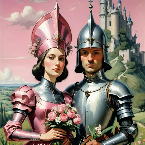 couple of woman in medieval dress with high cap headdress and knight in armor with open visor holding bouquet of flowers standing next to each other, storybook illustration, Terry Oakes, tumblr, forma