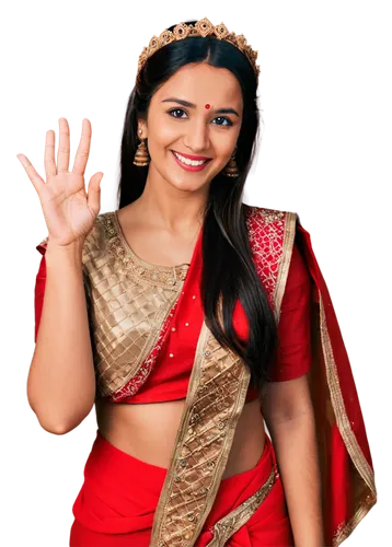 Indian woman, traditional dress, bindi on forehead, dark hair, brown eyes, nose ring, henna decorated hands, bright red sari, golden jewelry, smiling, slight angle, soft natural light, warm color tone