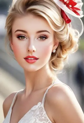 Pretty blonde lady in perfect makeup, as Royal Ascot Ladies Day, sunshine, paparazzi casual shot. She is wearing a white and red dress, with a fascinator. Smiling. Photorealistic. Outdoor.,realdoll,ro