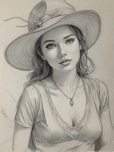 girl wearing hat,pencil drawing,vintage drawing,girl drawing,charcoal pencil,charcoal drawing,Illustration,Black and White,Black and White 30