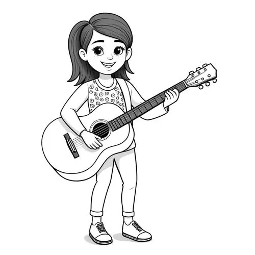 a girl playing an acoustic guitar,takamine,guitar,playing the guitar,ukulele,strumming,acoustic guitar,Design Sketch,Design Sketch,Black and white Comic