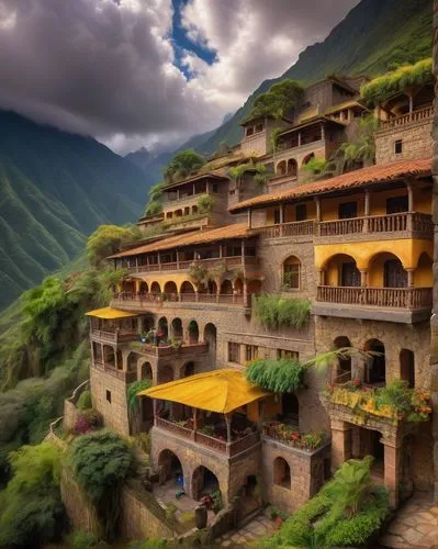 urubamba,mountain village,ollantaytambo,tulou,equateur,house in mountains,gompa,mountain settlement,house in the mountains,alpine village,bontoc,alagna,hacienda,wenchuan,andean,sapa,cusco,hanging houses,terraces,marvel of peru,Illustration,Realistic Fantasy,Realistic Fantasy 34