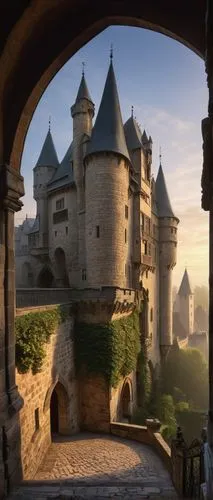 Medieval French castle, grandeur, intricate stonework, Gothic arches, ribbed vaults, stained glass windows, ornate carvings, towers, turrets, battlements, moat, drawbridge, cobblestone streets, old to