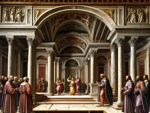 Renaissance painting, by ghirlandaio, masterpiece, biblical figures, angels, classical architecture, temple, perspective,school of athens,musei vaticani,monastery of santa maria delle grazie,renaissan