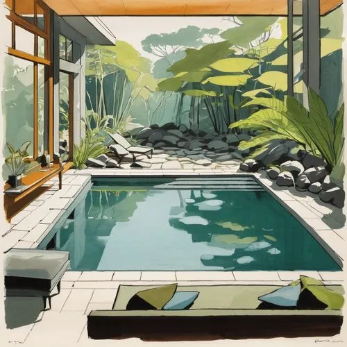 ryokan,onsen,pools,pool house,hotspring,zen garden,sunroom,ryokans,garden pond,koi pond,fallingwater,swimming pool,teahouse,outdoor pool,pond plants,backyards,japanese garden,roof landscape,pond,japanese zen garden,Illustration,American Style,American Style 09