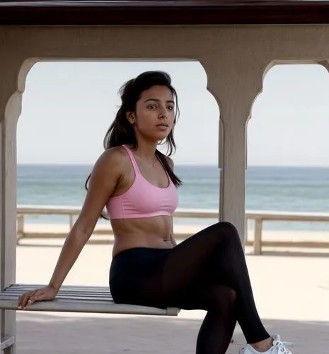 The Moroccan girl sits on a bench and looks at the sea.  She wears sneakers, pink tights and a white sports bra.  There are more people walking around the promenade.,athleta,tinashe,yoga,yogini,gymnas