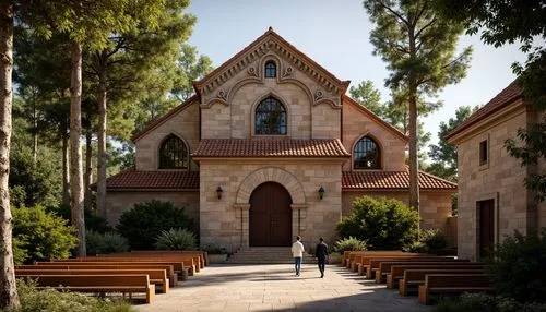 Rustic church building, steeply pitched roof, terracotta tiles, ornate stone carvings, stained glass windows, wooden pews, vaulted ceilings, grand entrance doors, intricate stone facades, traditional 