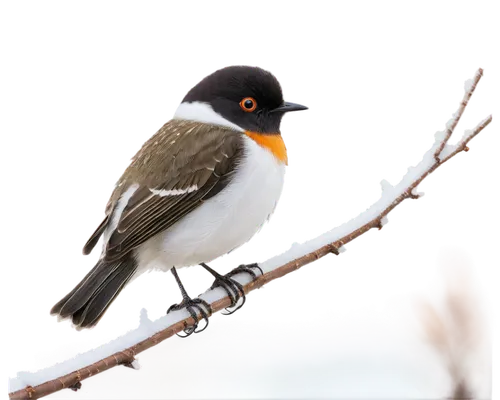 Winter scene, small snow bird, solo, (10cm), white feathers, black head, orange beak, tiny eyes, perched on snowy branch, delicate legs, frozen pond background, soft focus, shallow depth of field, war