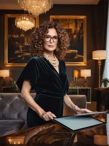 Luxury interior design contest show, modern minimalist living room, stylish mature lady judge (40yo), elegant curly brown hair, designer glasses, pearl necklace, black high heels, holding a tablet, st