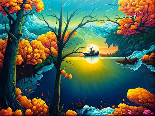 an artwork depicting the sun setting behind a lake with trees,boat landscape,autumn landscape,dubbeldam,river landscape,forest landscape,autumn background,Illustration,Realistic Fantasy,Realistic Fant