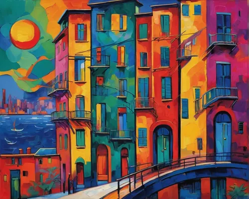 colorful city,portofino,italian painter,ponte vecchio,venezia,murano,cinque terre,milan,florentine,venetian,camogli,milano,lombardy,burano,bellagio,cityscape,colorful facade,hallia venezia,liguria,tenement,Conceptual Art,Oil color,Oil Color 25