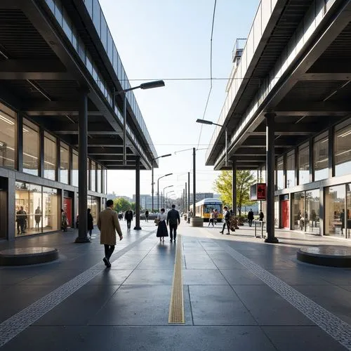 Contemporary tram station, sleek metallic structures, cantilevered roofs, transparent glass walls, polished concrete floors, industrial-style lighting fixtures, exposed ductwork, minimalist signage, u