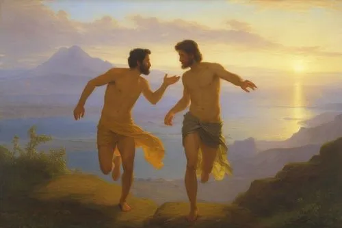 two men dressed in swim trunks and shorts running,baptism of christ,emmaus,adam and eve,nephi,dossi,triennium,Art,Classical Oil Painting,Classical Oil Painting 13