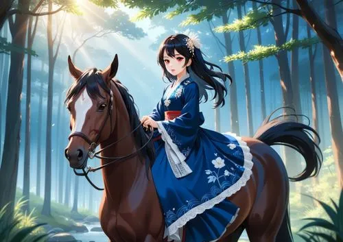 woman with pearl skin and red lip  on the black horse , traditional eastern blue satin dress with lace pattern , forest background , add background details with trees and lit through , early morning l