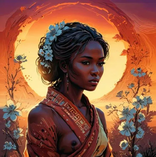 a woman with a large  standing in front of a setting sun,binti,oshun,niobe,african woman,maliana,danai,Illustration,Realistic Fantasy,Realistic Fantasy 25