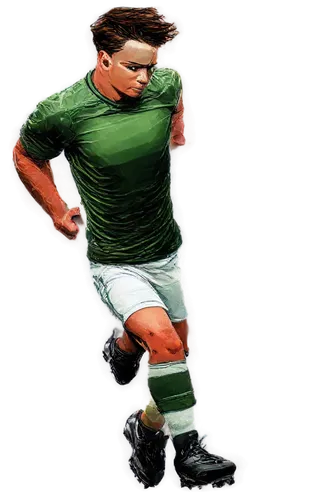 Football player, pixel art style, athletic male, muscular arms, dynamic pose, soccer ball at feet, green grass texture, white socks, black shoes, shin guards, number 10 jersey, messy short hair, focus