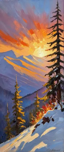 winter landscape,mountain sunrise,spruce trees,snow landscape,alpine sunset,jack pine,spruce-fir forest,spruce forest,larch trees,christmas landscape,larch forests,oil painting,carol colman,whistler,spruce branch,blue spruce,red pine,winter light,pine trees,conifers,Conceptual Art,Oil color,Oil Color 22