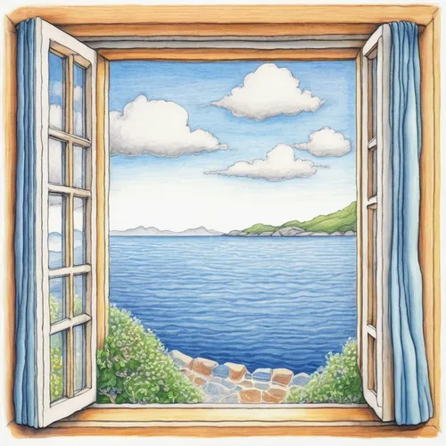 Sketch of a 2D naive illustration of the perfect sea view from the window in colored pencil, 2D,window with sea view,window to the world,window covering,bedroom window,wooden windows,window,window tre