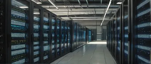 Industrial building, modern architecture, data center, rows of servers, humming noise, blinking lights, air conditioning ducts, complex network cables, mainframe computers, storage devices, processing