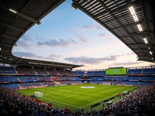 Modern soccer stadium, curved architectural lines, green grassy pitch, vibrant team colors, goalposts, spectator seating areas, metal frameworks, cantilevered roofs, floodlighting systems, evening sun