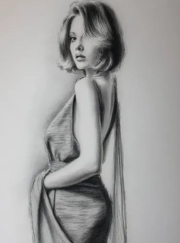 黑白，礼服,a black and white drawing of a woman in a dress,charcoal drawing,marilyn monroe,charcoal pencil,charcoal,graphite,marilyn