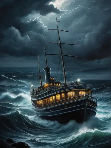 sea storm,sea fantasy,stormy sea,ghost ship,caravel,maelstrom,dark 'n' stormy,tour to the sirens,sea sailing ship,troopship,shipwreck,at sea,passenger ship,the wind from the sea,galleon,windjammer,sea night,world digital painting,the storm of the invasion,arklow wind,Illustration,Abstract Fantasy,Abstract Fantasy 14